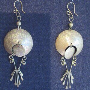 Vintage brass, dangly earrings. Handmade, Aztec or Mayan inspired. Rustic